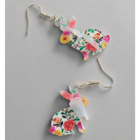 Acrylic Multicolored Bunny Dangle Earrings Easter Rabbit Spring Earrings - Picture 4 of 6
